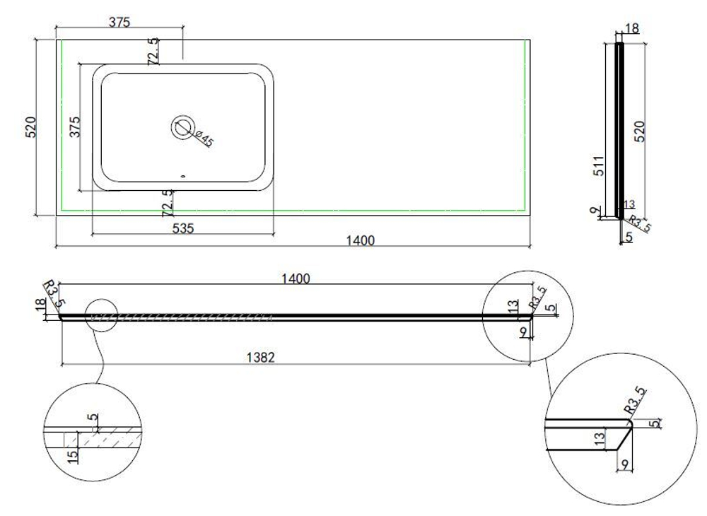 Столешница из натурального мрамора с интегрированной раковиной VWTB-4LX140VB-L, левая,черный Версаче