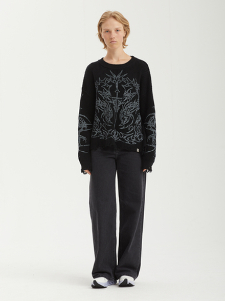 Женский Свитер (Round-neck) Skyra Black Washed Sigil Cross Graphic