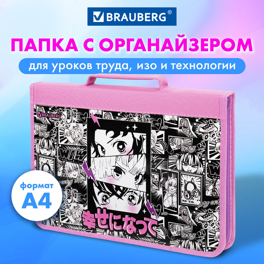 Папка на молнии BRAUBERG А4 с ручкой с органайзером 1 отделение "Anime movie" (2 штуки в упаковке)