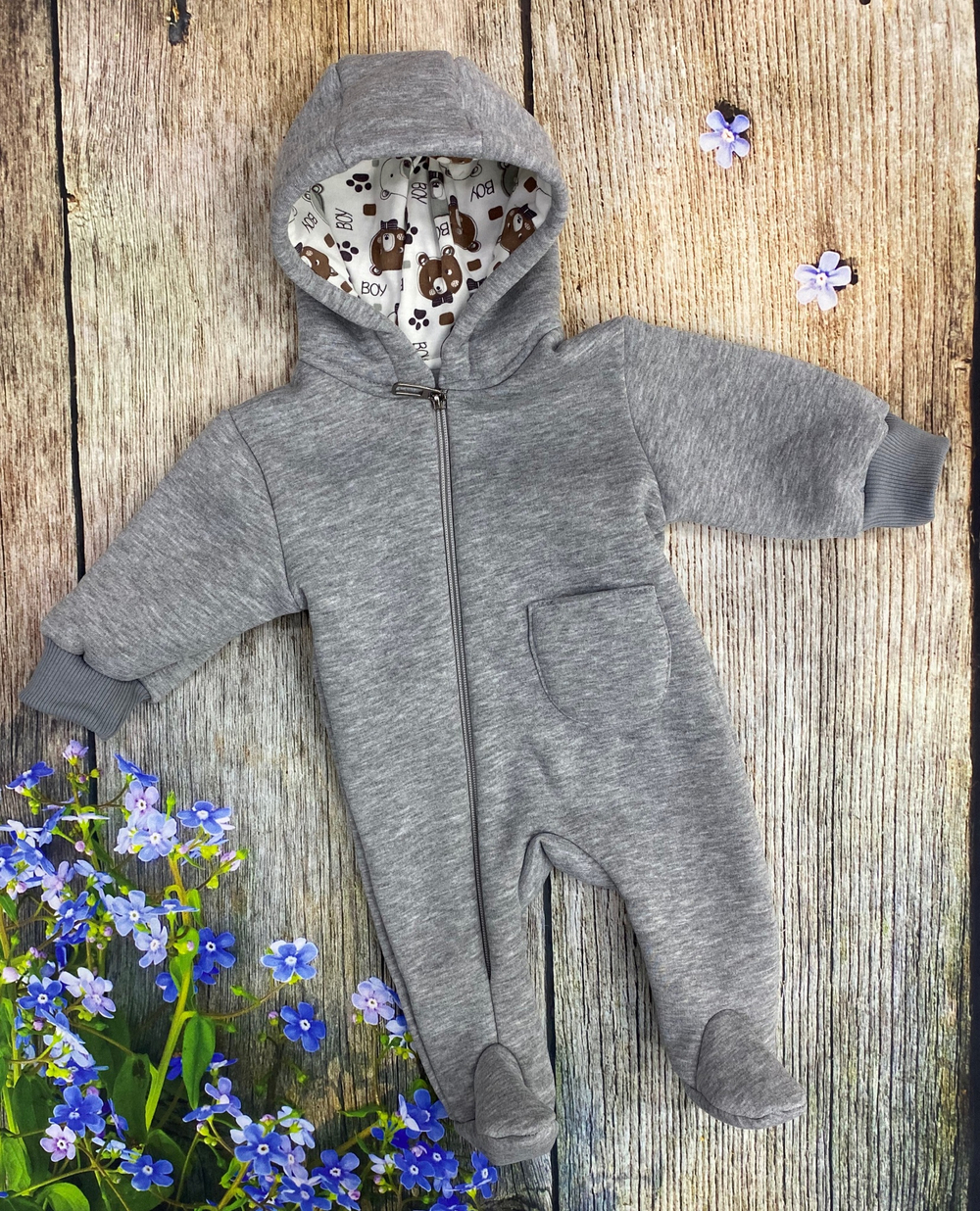 Комплект на выписку 5 предметов велюр "Сара" (Комбинезон, одеяло, бантик, шапочка, слип) (Цвет: Серый)