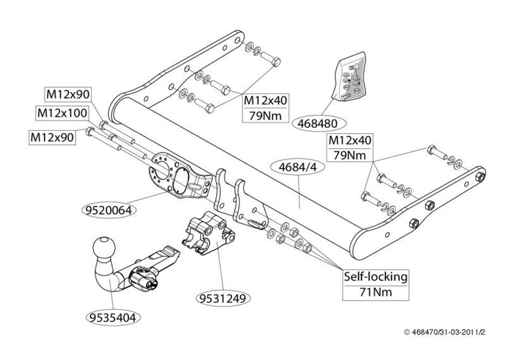 Фаркоп Brink (Thule) 468400 для Volkswagen Transporter (2003 - )(паспорт и сертификат в комплекте)(без электрики)