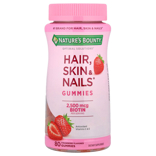 Nature's Bounty, Optimal Solutions®, жевательные таблетки для здоровья волос, кожи и ногтей, со вкусом клубники, 80 жевательных таблеток