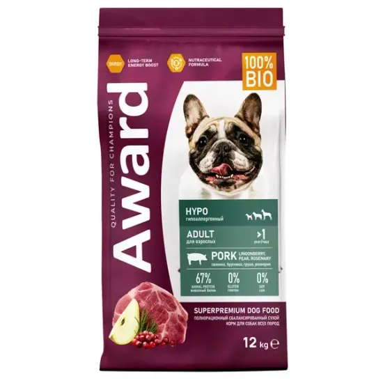 Award Hypo Сухой корм для собак всех пород со свининой с добавлением брусники, груши и розмарина, 12кг