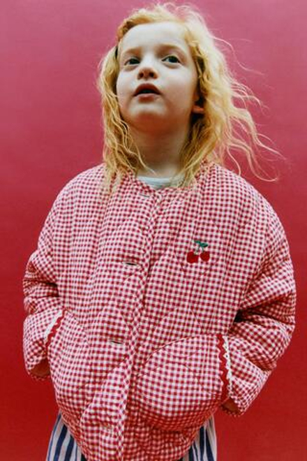 ZARA СТЕГАНАЯ КУРТКА В КЛЕТКУ ВИШИ, КРАСНЫЙ/БЕЛЫЙ