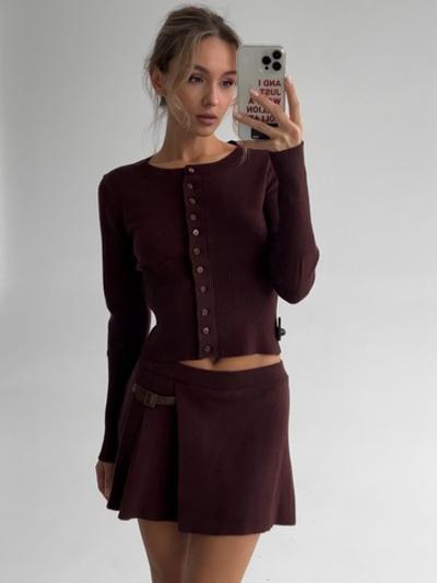 Комплект вязаный, кардиган на пуговицах, короткая юбка с ремешком