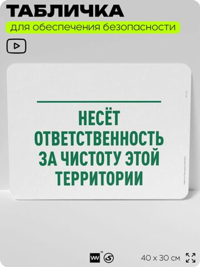 Табличка для обеспечения безопасности "Ответственный за чистоту территории", для офиса, по охране труда для предприятия, организаций, 40х30 см, Silver Plane x Айдентика Технолоджи