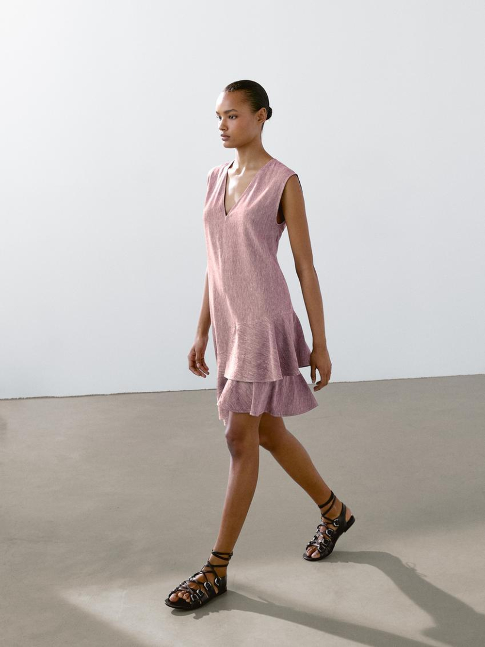 Massimo Dutti Мини-платье из 100% льна с воланами, пастельно-розовый