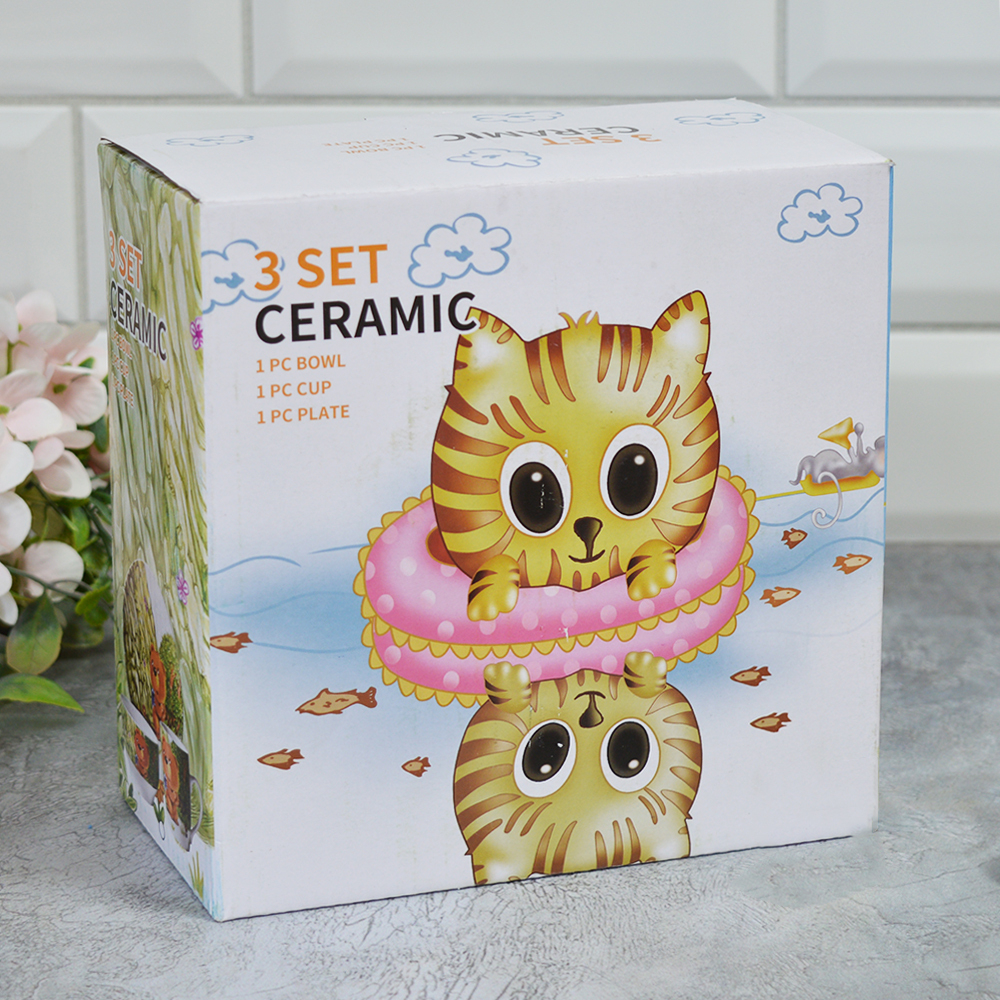 Набор керамической посуды 3 предмета: кружка 8*7см, тарелка плоская 18см, тарелка суповая 11*5.5см.