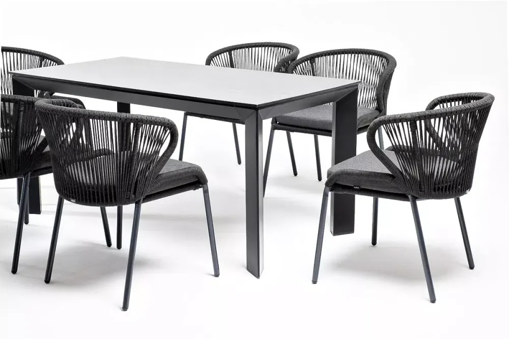 "Венето" обеденная группа на 6 персон со стульями "Милан", каркас темно-серый, роуп темно-серый