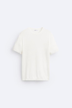 ZARA ФУТБОЛКА ИЗ СМЕСОВОЙ ВИСКОЗЫ, ЖЕЛТОВАТО-БЕЛЫЙ