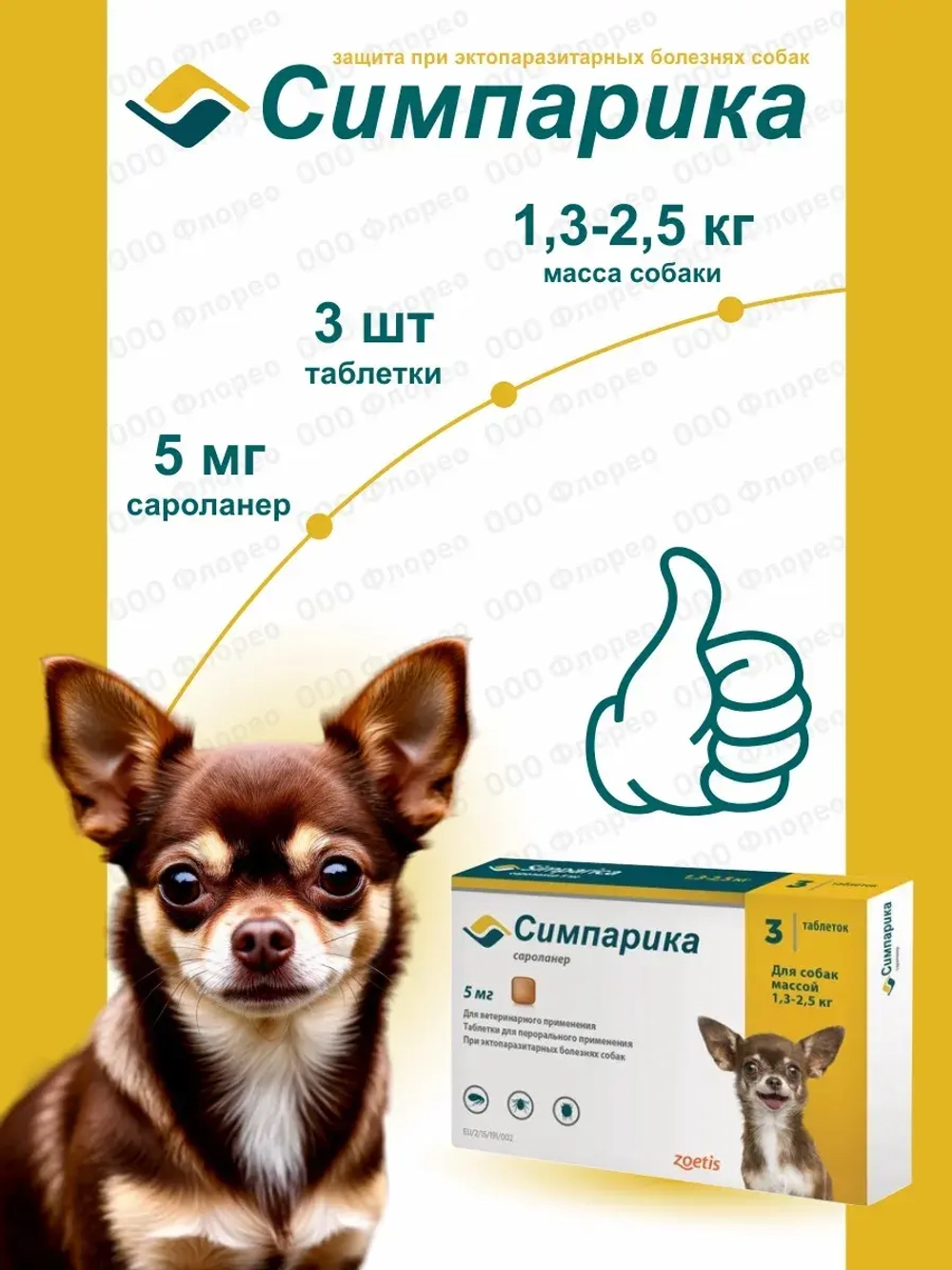 Симпарика от блох и клещей (до 2,5 кг), 3 таблетки.