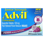 Advil, Junior Strength, жевательные таблетки, для возраста 2–11 лет, виноград, 100 мг, 24 жевательные таблетки