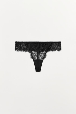 ZARA КРУЖЕВНЫЕ ТРУСЫ-ТАНГА С ВОЛАНАМИ, ЧЕРНЫЙ