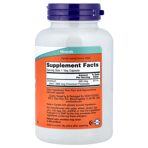 NOW Foods, пиколинат хрома, 200 мкг, 250 вегетарианских капсул