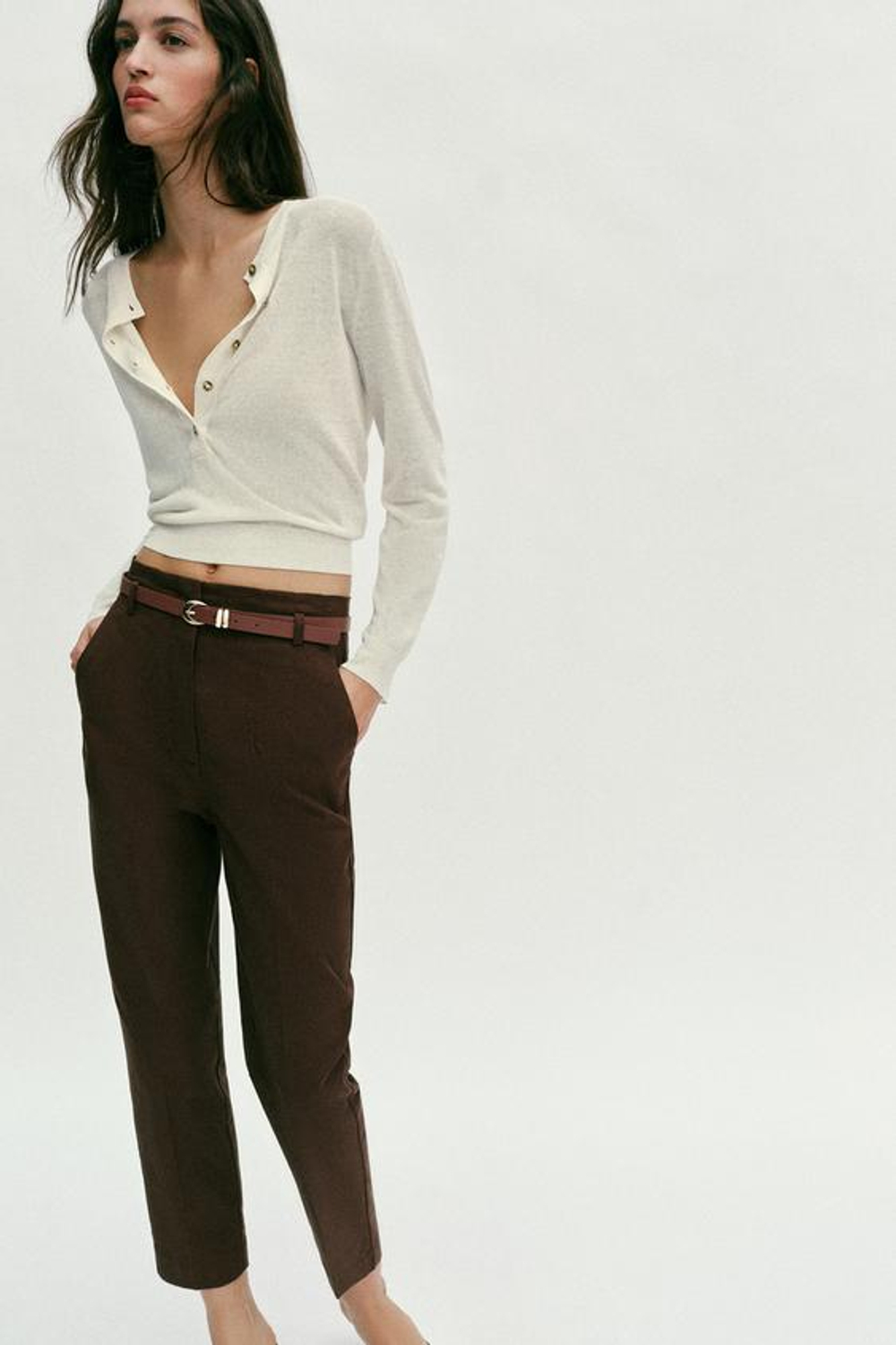 ZARA БРЮКИ С ВЫСОКОЙ ПОСАДКОЙ И РЕМНЕМ, КОРИЧНЕВЫЙ