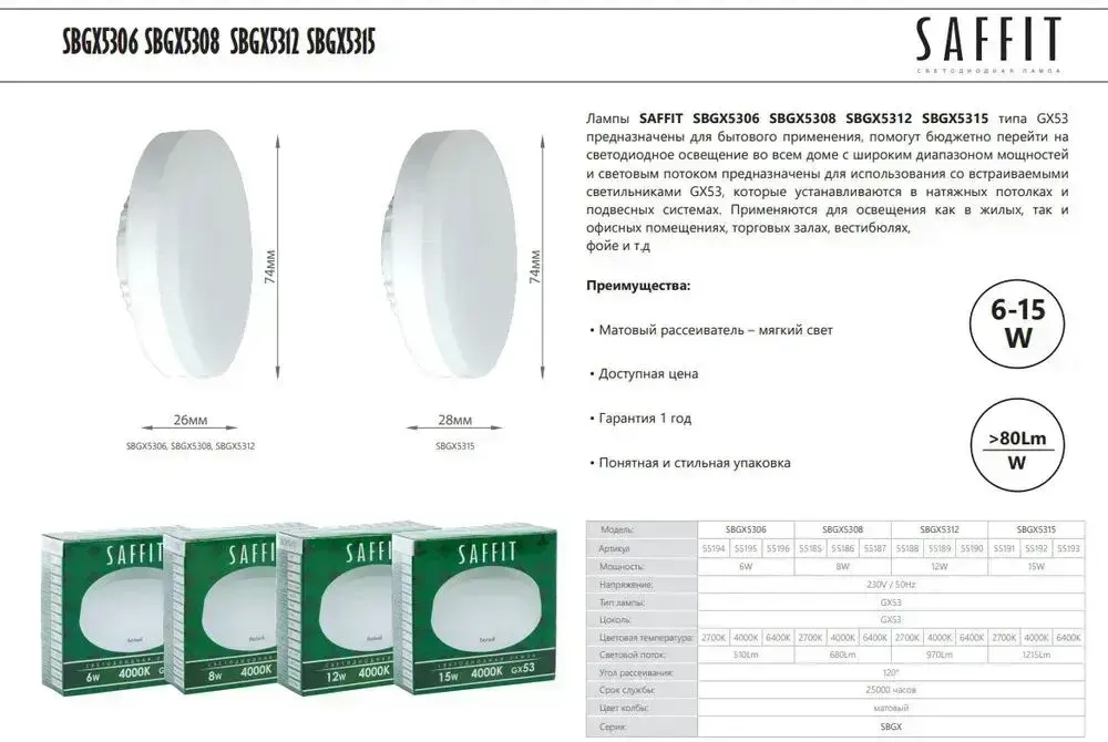 Лампа светодиодная GX53 12Вт 4000K, Нейтральный белый свет, таблетка, Saffit SBGX5312, комплект из 10 штук 55189