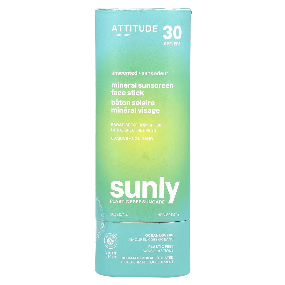ATTITUDE, Sunly, минеральное солнцезащитное средство-стик для лица, SPF 30, без запаха, 20 г (0,7 унции)