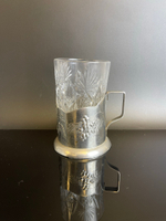 Подстаканник алюминиевый с хрустальным стаканом, с узором, винтаж 1960-1990 гг