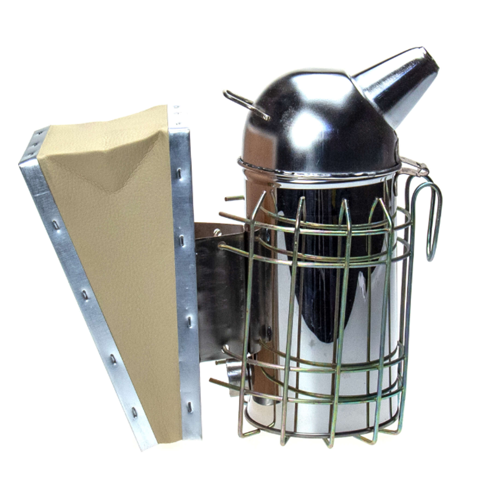 Дымарь малый с ограждением и кожаными мехами без стакана (нержавейка)