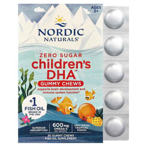 Nordic Naturals, DHA™, жевательные таблетки для детей, от 3 лет, тропический пунш, 30 жевательных таблеток (355 мг в 1 жевательной таблетке)