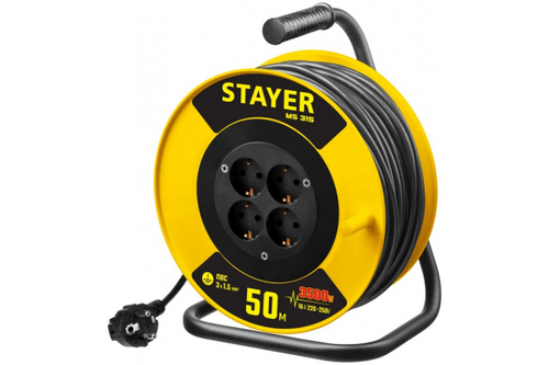 Удлинитель на катушке Stayer MS 315, 50 м, 3500 Вт, заземление, 4 гнезда, ПВС 3x1,5 кв мм, 55078-50