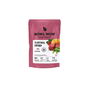 Влажный корм для стерилизованных кошек беззерновой BOWL WOW с телятиной и овощами в соусе, 85 гр. Комплект 12 упаковок