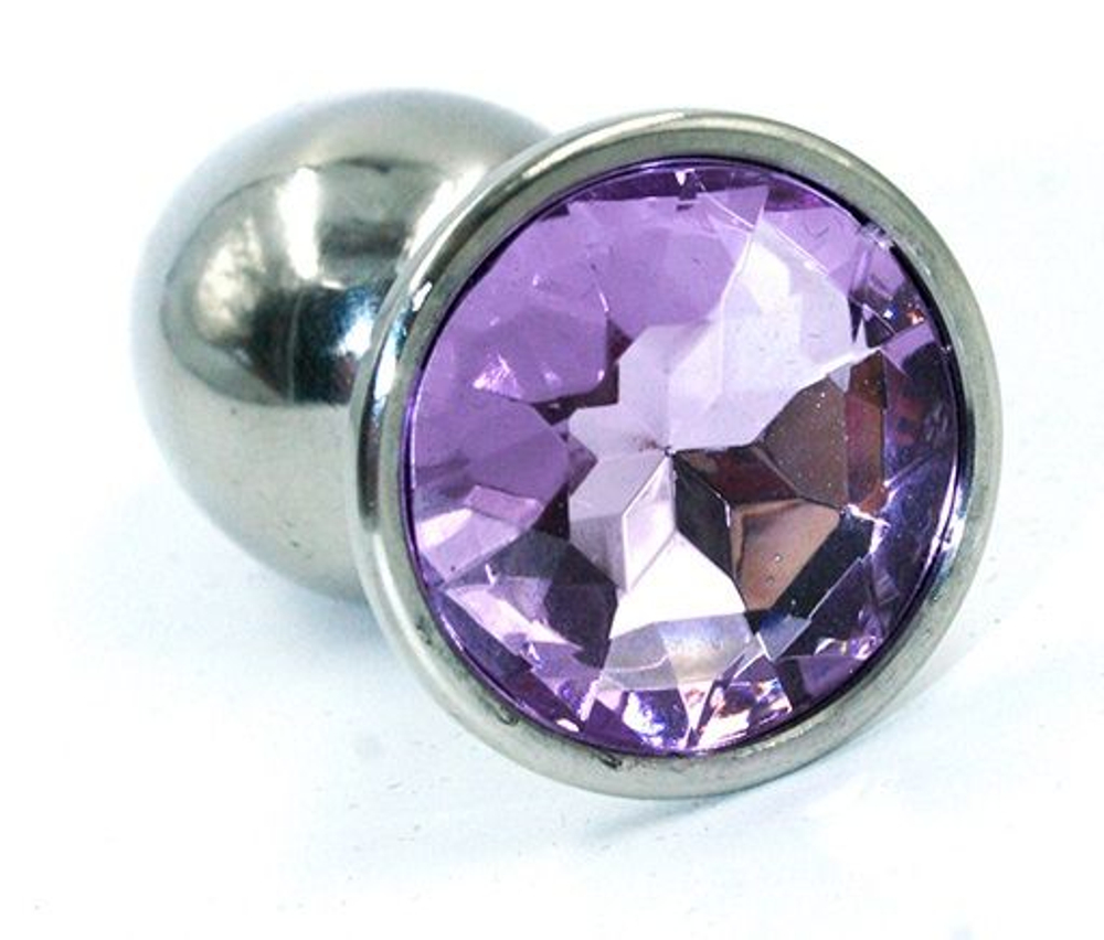 Серебристая анальная пробка с сиреневым кристаллом - 8 см. (Цвет: сиреневый)