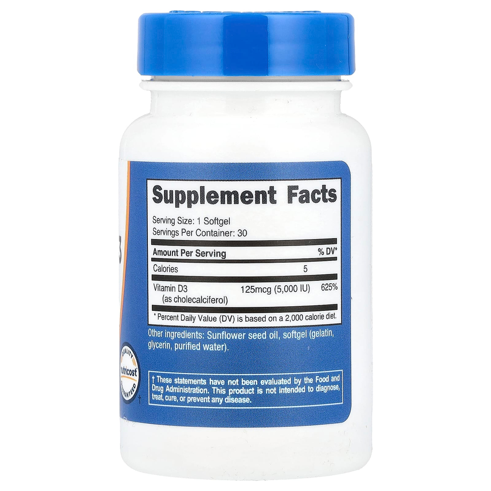Nutricost, витамин D3, 125 мкг (5000 МЕ), 30 капсул