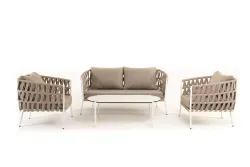 "Диего" лаунж-зона 4-местная плетеная из роупа (веревки), каркас алюминиевый белый, роуп бежевый