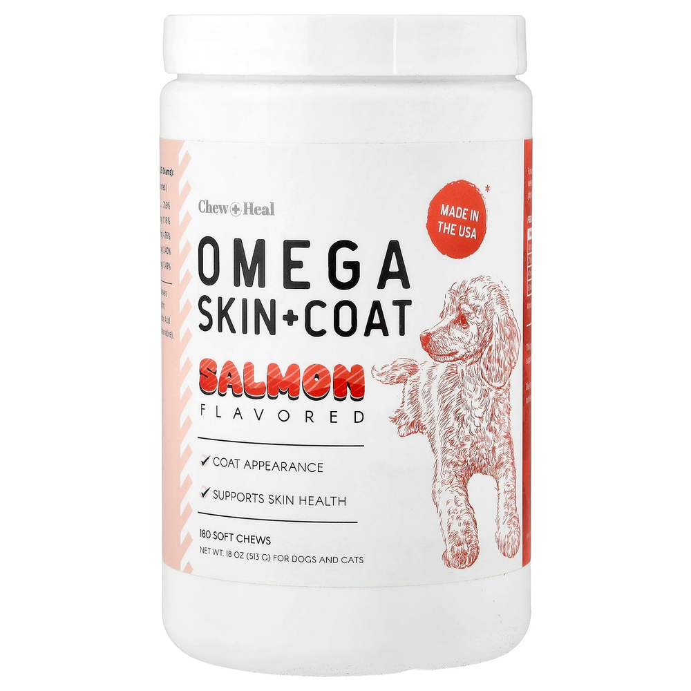 Chew + Heal, Omega Skin + шерсти, для собак и кошек, со вкусом лосося, 180 жевательных таблеток, 513 г (18 унций)