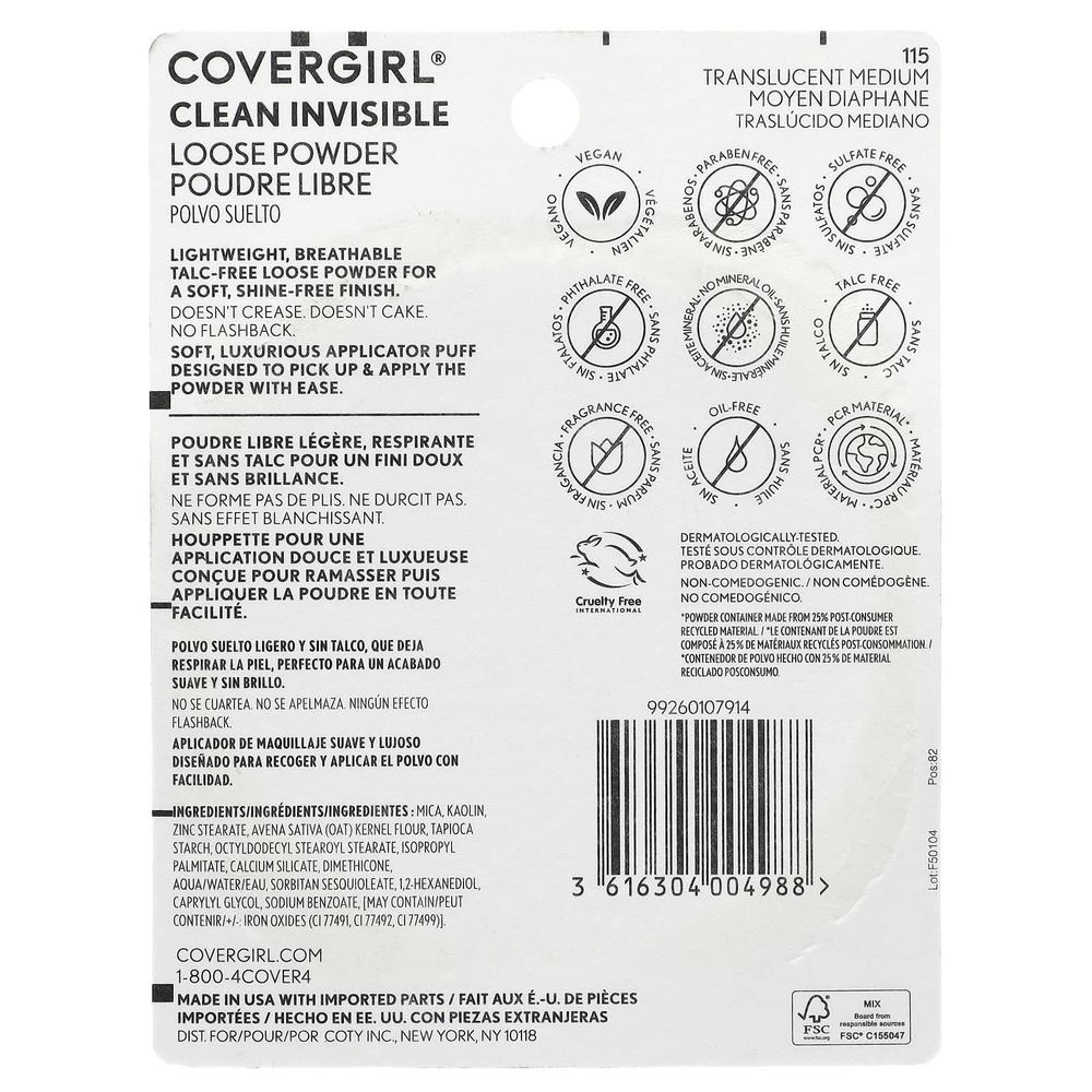 Covergirl, Clean Invisive, рассыпчатая пудра, оттенок 115 полупрозрачный, 18 г (0,63 унции)
