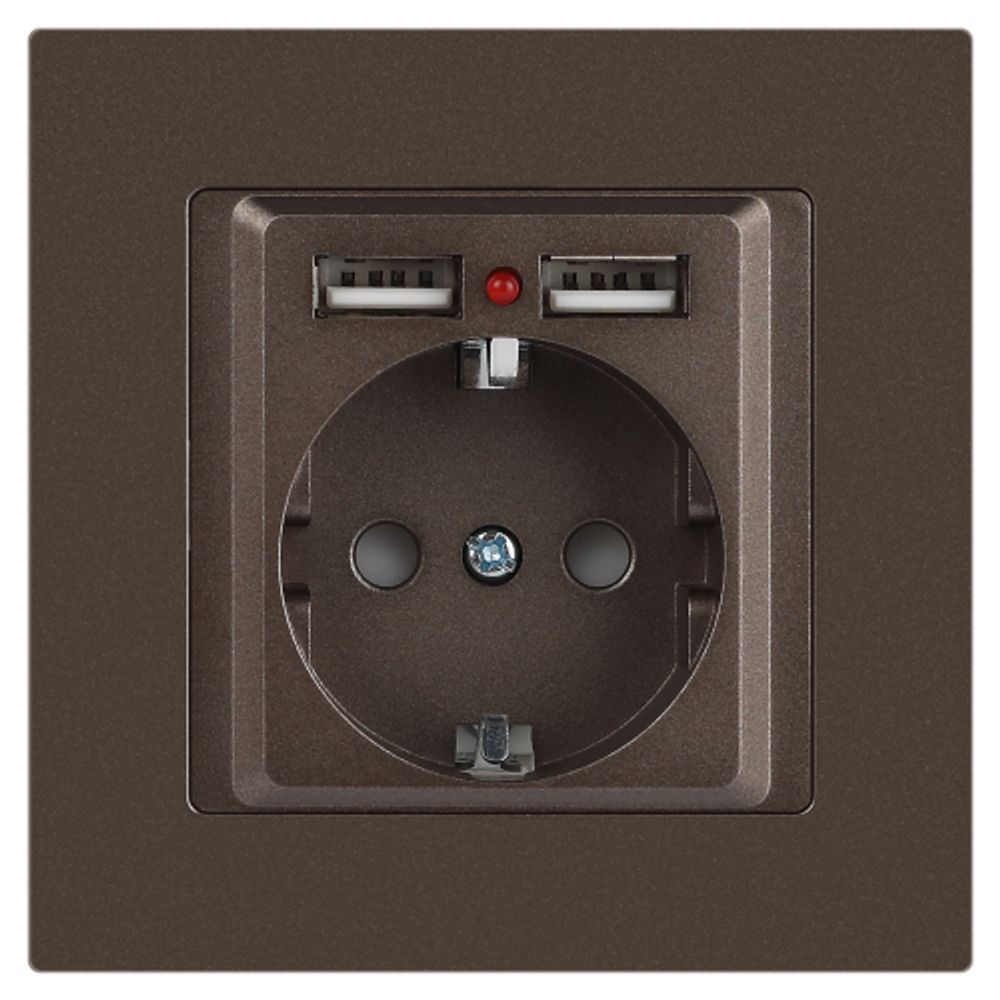 Розетка Intro Accent 6-410-08 с заземлением 2P+E Schuko со шторками 16А-250В + 2хUSB IP20 СУ бронза | Intro