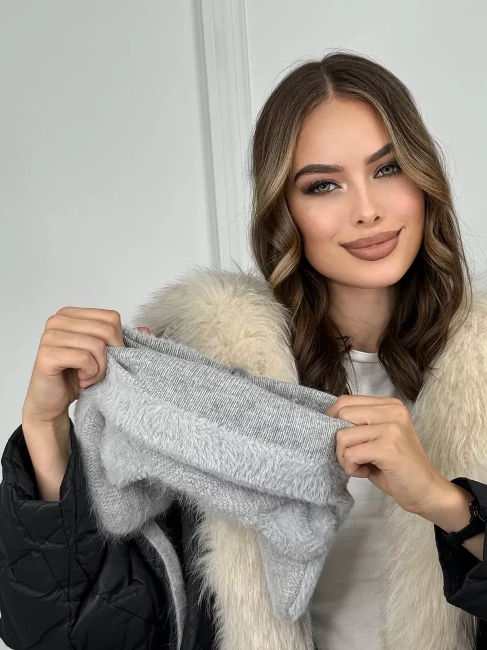 шапка зимняя вязаная с ушками ангора