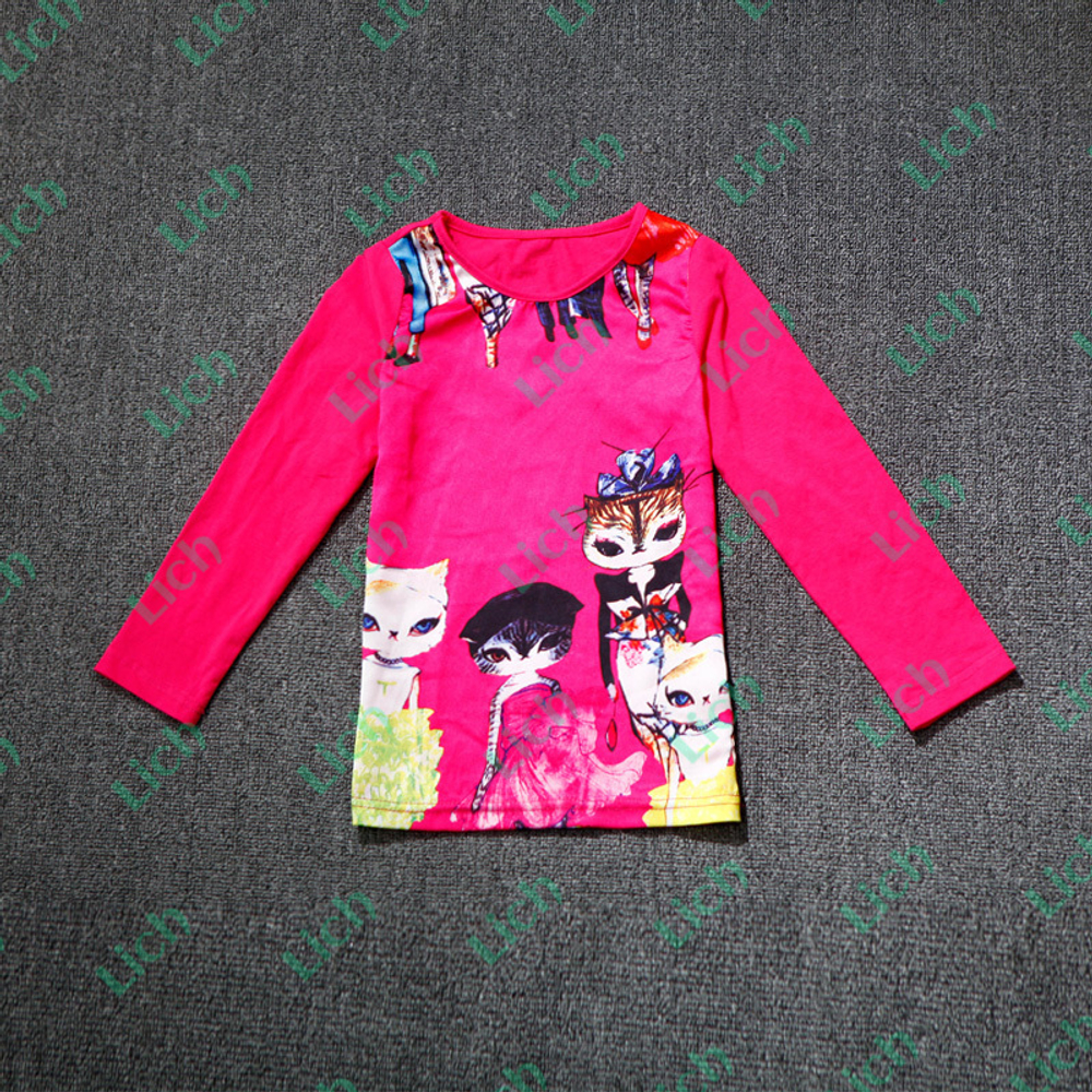 Лонгслив детский однотонный с контрастными принтами кошек