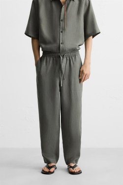 ZARA БРЮКИ ИЗ 100% ЛЬНА, ЗЕЛЕНОВАТО-СИНИЙ