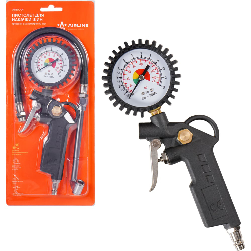Пневматический пистолет для накачки шин грузовой с манометром 12 атм AIRLINE ATBU004