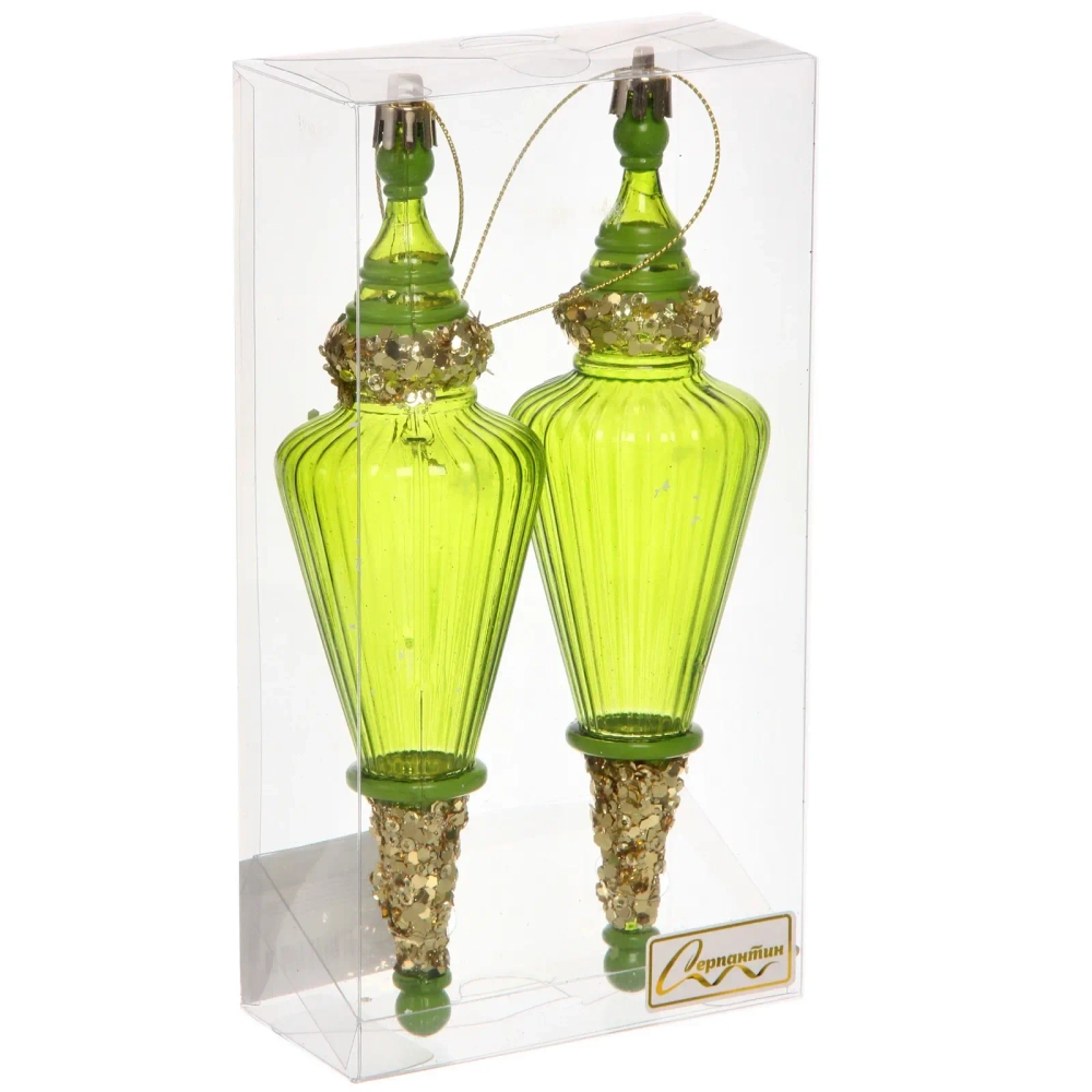 Елочные игрушки «Сияющий кристалл» 5,2*5,2*19 см (набор 2 шт), Зеленый