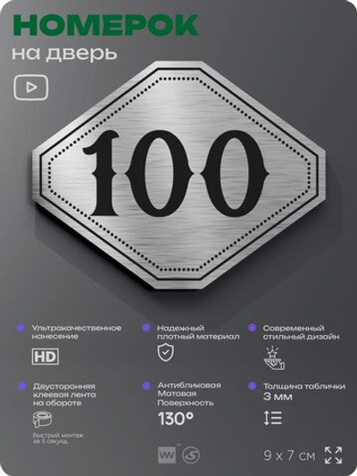 Номерок на дверь квартиры 100, для кабинета, офиса, шильдик 9 х 7 см, брашированная сталь, Айдентика Технолоджи