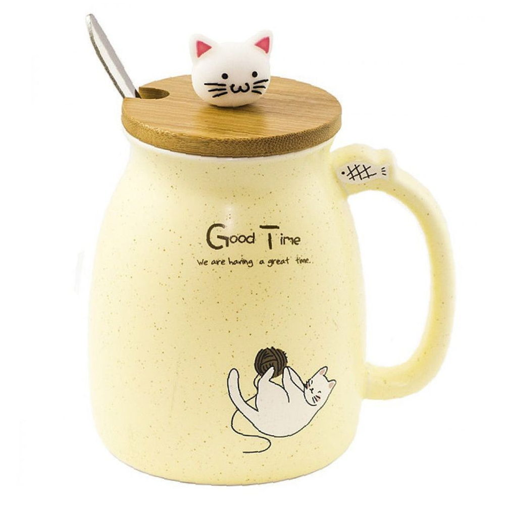 283003.3 Кружка "Котик с клубком" крышка+ложка, h=11см, d=7см, 450мл, керам/металл/бамбук желтый