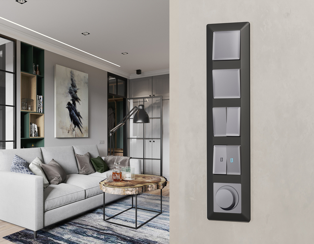 MA504060 Комплект механизма 2-кл выключателя с самовозвратом с подсветкой 10000K ALFA Сталь матовый QUANT (AP5040, VM129, G17B)