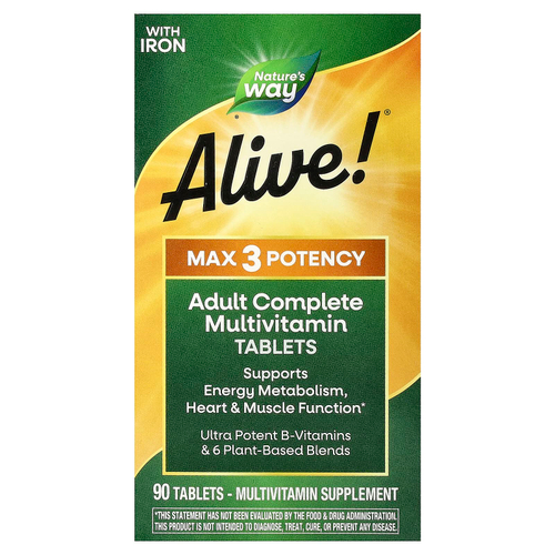 Nature's Way, Alive!® Max3 Potency, полный мультивитаминный комплекс для взрослых, с железом, 90 таблеток