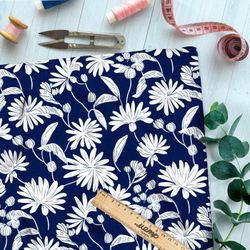 Ткань премиум мембрана белые цветы на темно-синем