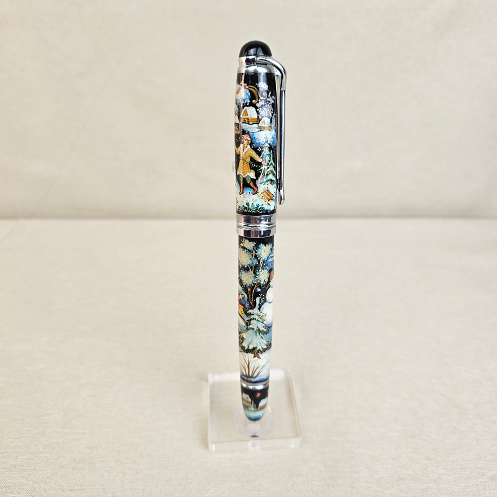 Ручка коллекционная  с ручной росписью Палех "Зимние забавы" в футляре