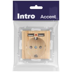 Розетка Intro Accent 6-410-11 с заземлением 2P+E Schuko со шторками 16А-250В + 2хUSB IP20 СУ сосна | Intro