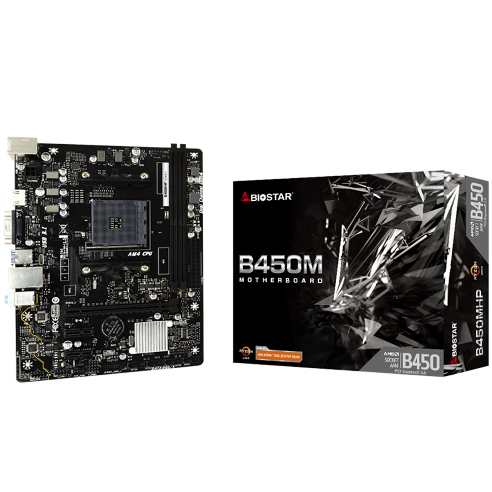 BIOSTAR MB B450 AM4 2 x DDR4 4 x SATA II 1 x VGA Port 1 x HDMI Port 1 x LAN port Micro ATX