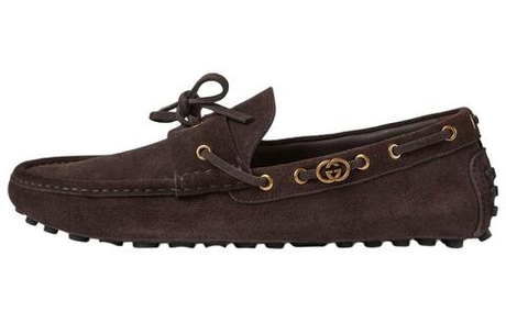GUCCI Interlocking Suede Gommino Loafers Men"s Brown