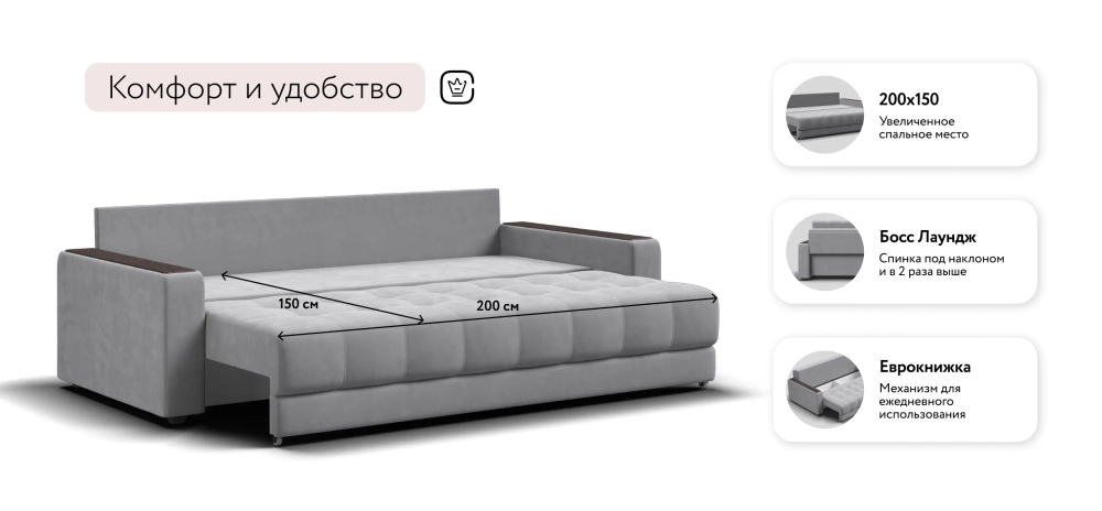 Диван Босс Про Велюр Монолит сталь — прямой диван с механизмом еврокнижка