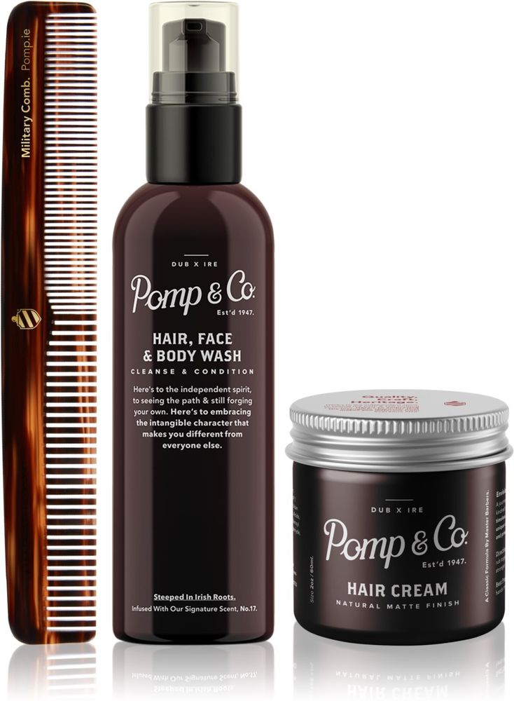 Pomp &amp; Co крем для волос 60 мл + 2-в-1 гель для душа и шампунь 100 мл + военная расческа 1 шт. Bundle Matte
