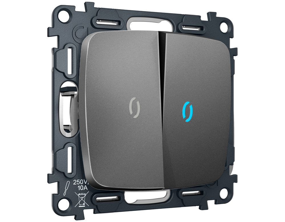 MO654040 Комплект механизма 2-кл проходного выключателя с подсветкой 10000K OMEGA Антрацит серый QUANT (OP6540, VM120, G29B)