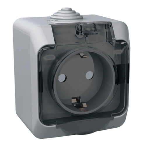 Schneider Electric ЭТЮД Серый Розетка 1-местная с заземляющими контактами со шторками с крышкой IP44 открытая установка PA16-044C